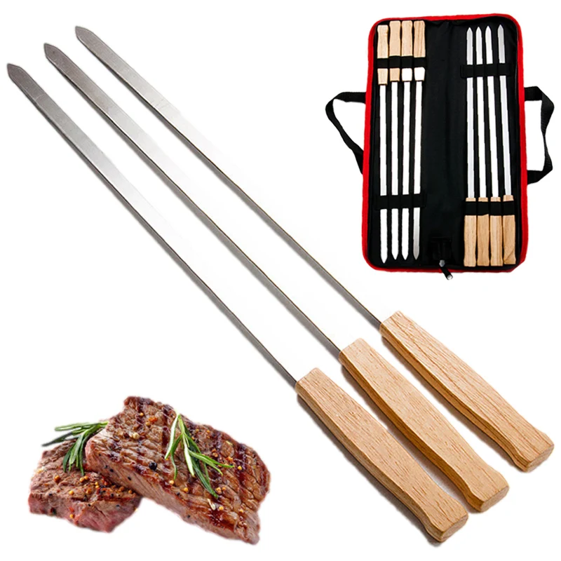 

8PC/Set Stainless Steel Skewer Oak Handle Nylon Storage Bag Handbag BBQ Kebab Stick Barbecue Tool Barbecue Stick