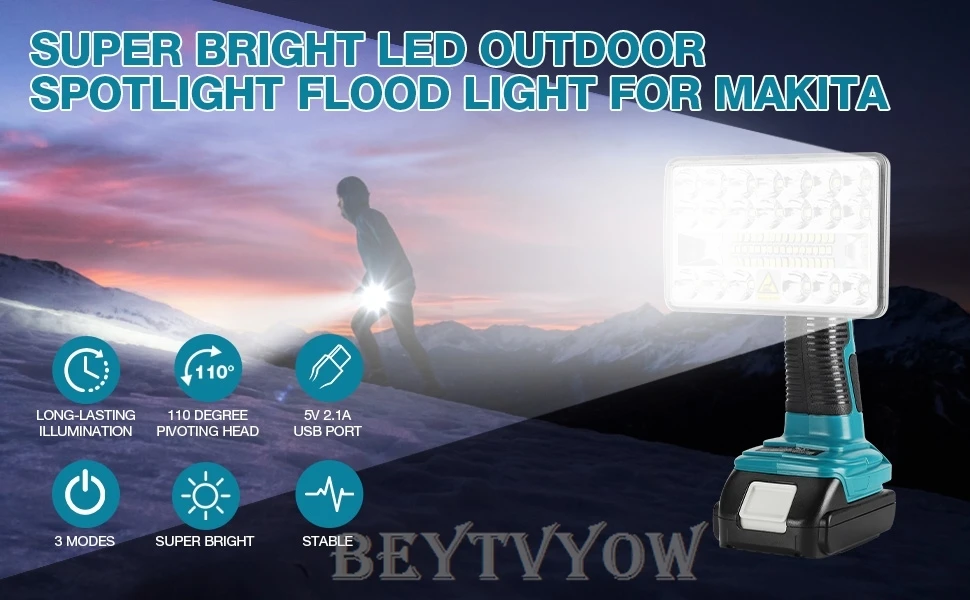 Cordless 2000LM Floodlight for Makita 14.4-18V Battery 18W LED Work Light Flashl
