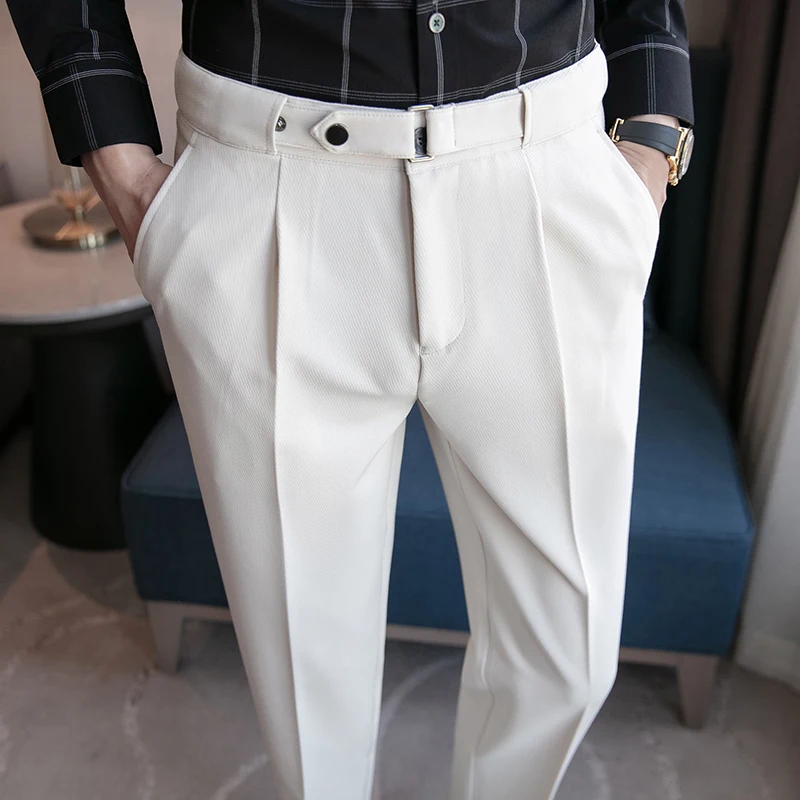 

British Style Men's Business Casual Dress and Pants 2024 Spring and Autumn Fashion Social Belt Decoration Slim Fit Suit Pants