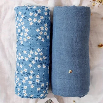 Elinfant 2PCS Popular Print With Solid Color Muslin Swaddle Blankets,Newborn Swaddle Wrap,100% Cotton Baby Bath Towel 1
