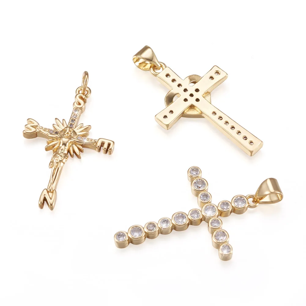 8Pcs Brass Cubic Zirconia Pendants Religion Theme Cross Charms For Jewelry Making Vintage Women Necklace Earring  Accessories