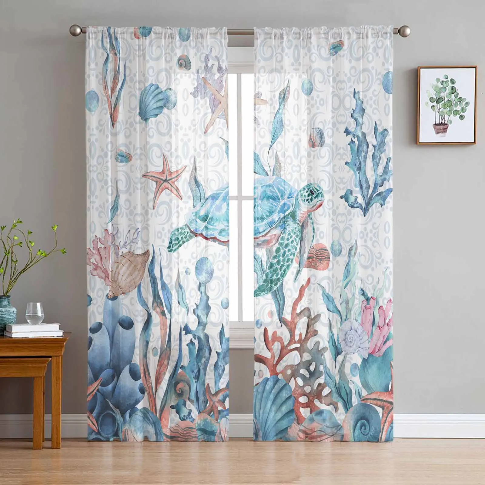 

Summer Watercolor Ocean Shells Turtle Starfish Voile Sheer Curtains Living Room Window Tulle Curtain Bedroom Drapes Home Decor