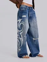 Deeptown Vintage Y2k Jeans déchirés pour femmes, imprimé Harajuku, bleu, baggy, denim délavé, pantalon hip hop grunge streetwear, jeans larges 2