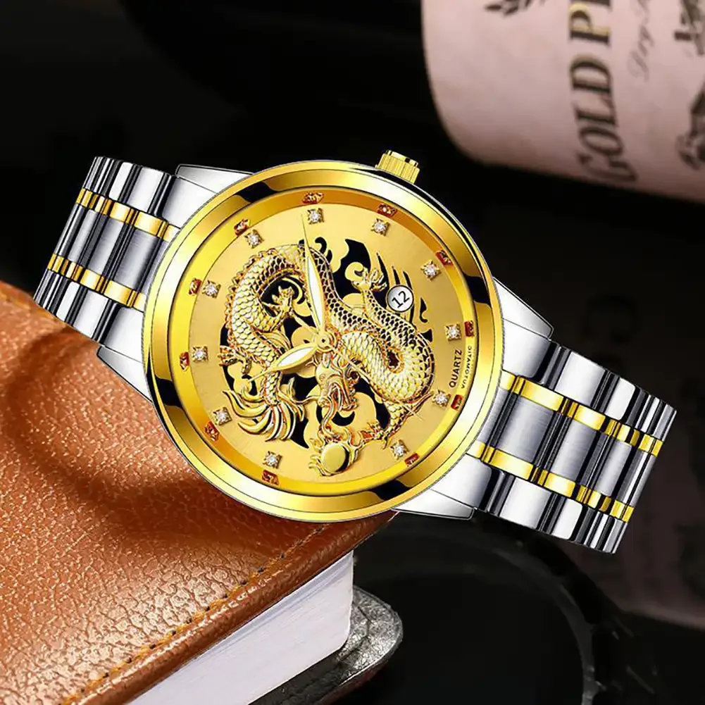 Luxury Delicate Trendy Men Fashion 3D Gold Dragon Calendar Watch Set Men Quartz Stainless Steel Watches 5