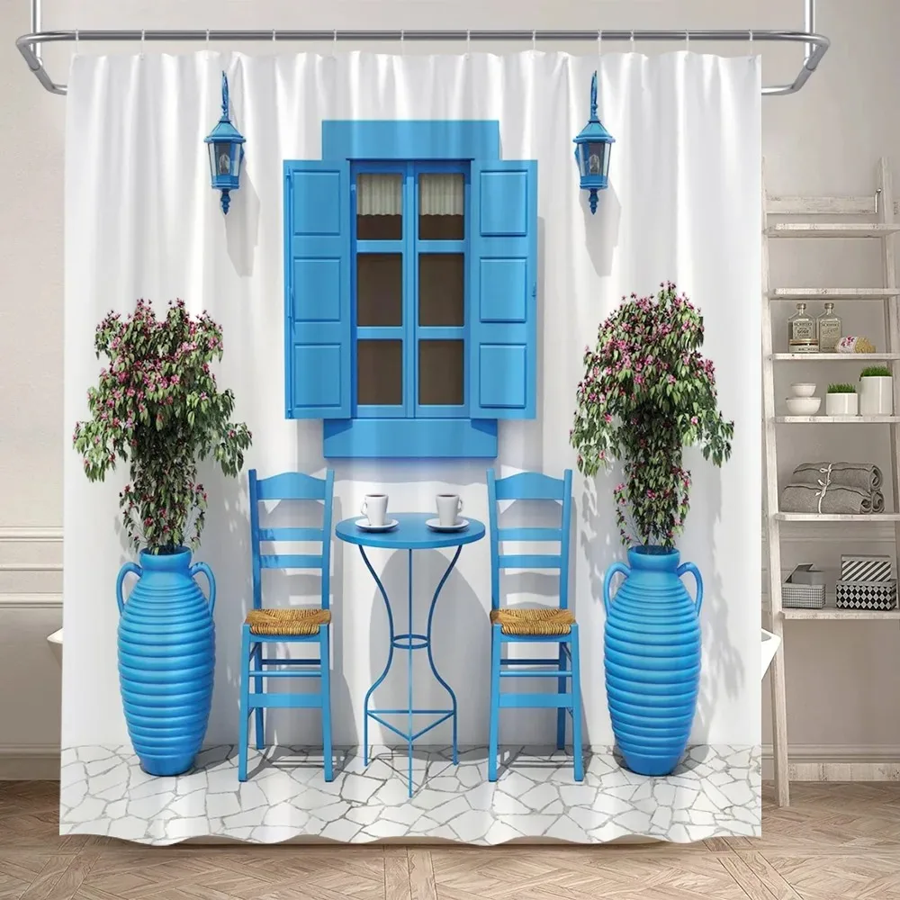 Fence Flowers Shower Curtains Blue Window Nature Floral Plants Scenery Modern Garden Wall Hanging Home Bathroom Decor with Hooks 6