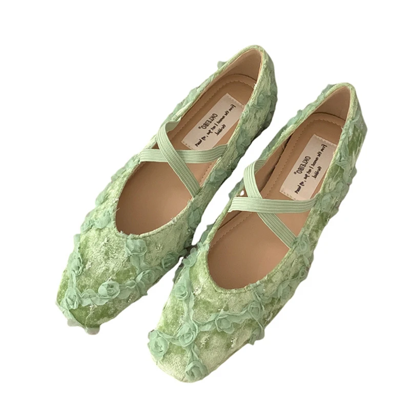 Fashion Breathable Ballet Falts Shoes Round Toe Buckle Strap Women's Pumps Printing Mary Jane Women Slippers Genuine Leather