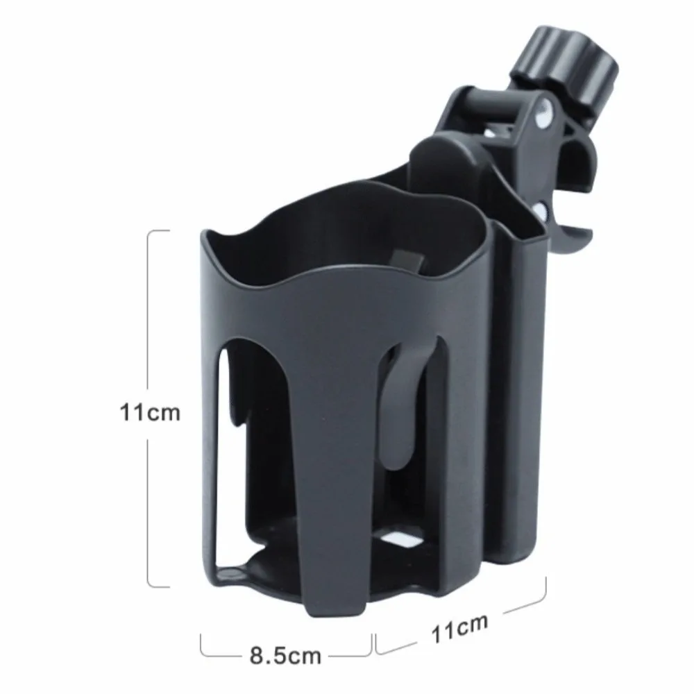 Black stroller cup holder with integrated phone slot attached to stroller frame
