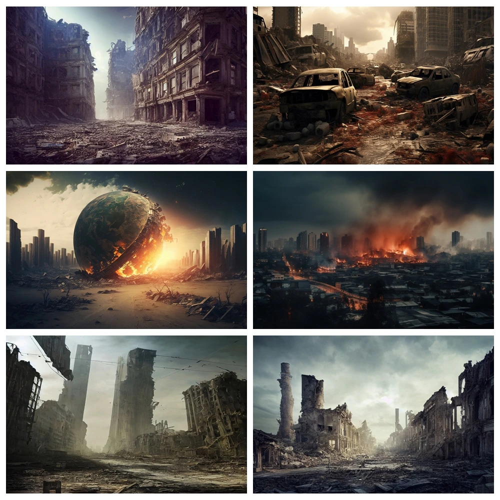 Ruined City Backdrop Doomsday Disaster Scenery Wildfire Burning Building Street Car Smoke Photo Background Studio Shoot Props photo backdrop