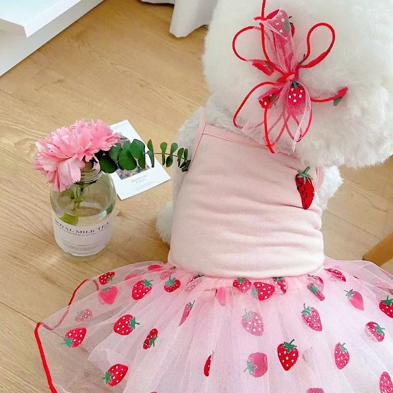 Luxuriöses Hunde-Kleid Liebliches Erdbeer-Hundekleid für Chihuahua und Französische Bulldogge Frühlings-Katzen-Welpen-Prinzessinnenkleid Sommer-Haustierkleidung – Detail 7