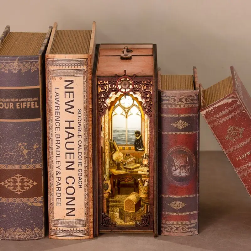 CUTEBEE Book Nook House Miniature Kit Eternal Bookstore Bookend Sailing Memory Wooden Book Shelf Insert Light Model For Kid Gift 4