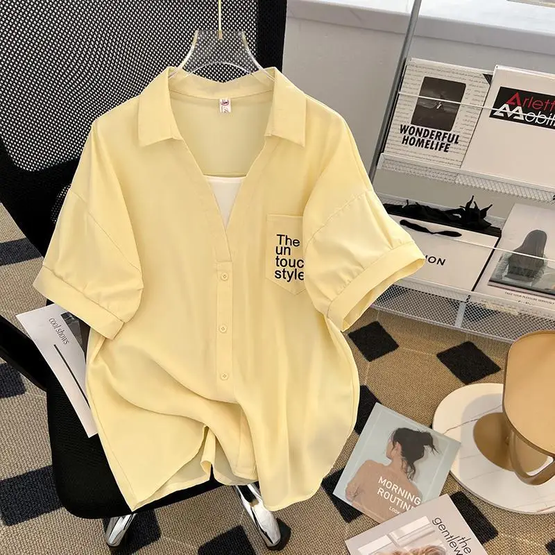 DAYIFUN Oversize Letter Print Shirt with Pocket Women Summer Two-piece Patchwork Design Short Sleeve Blouse Fashion Lapel Blusas