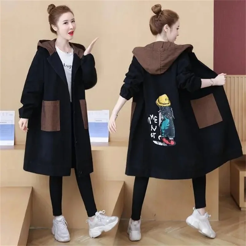 

2024 Spring and Autumn New Korean Loose Versatile Denim Coat Women's Hooded Mid length Fashion Printed Windbreaker Commuter S886