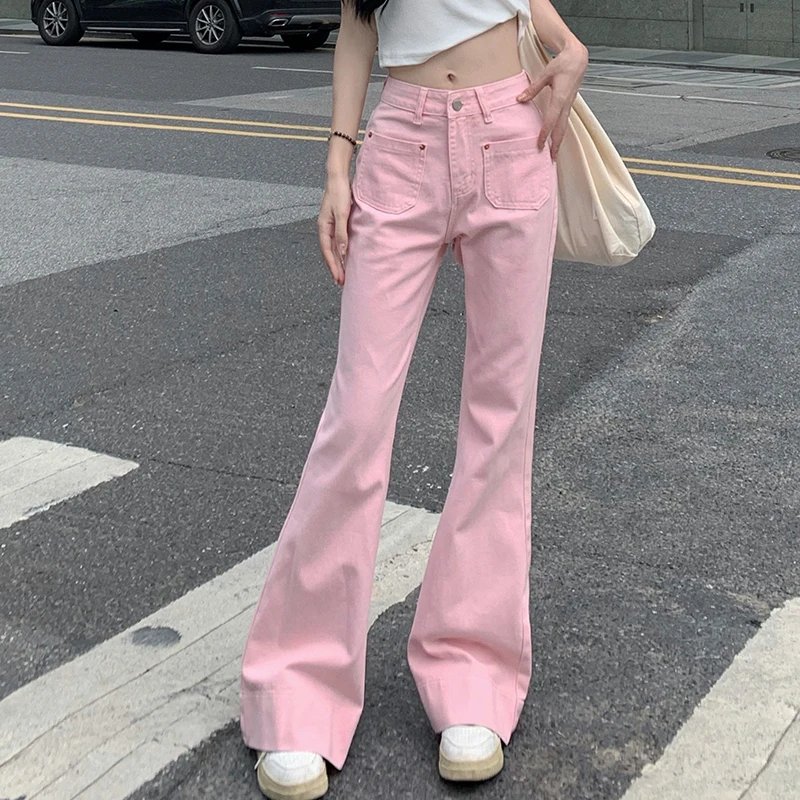 XS-XL Retro Pink Jeans Women Korean Fashion Midi Waist Pocket Denim Pants Wide Leg Trouser 2022 New Streetwear Harajuku Clothing
