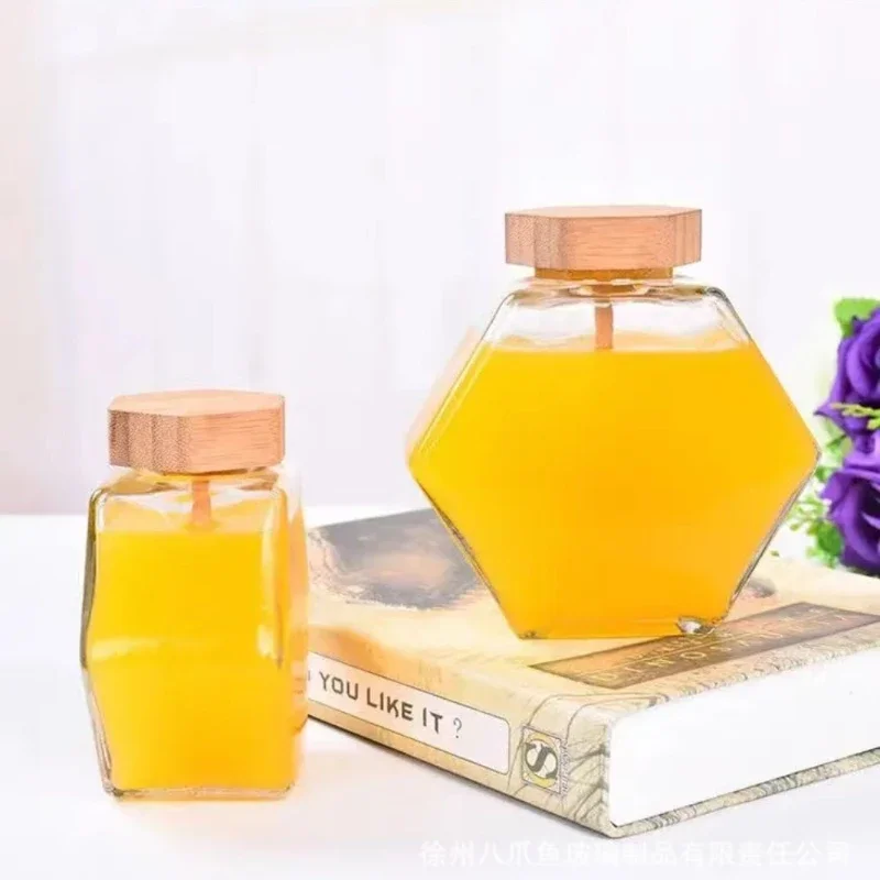 100ml 220ml 380ml Honey Jar with Lid and Spoon Hexagonal Glass Bottle Wooden Stirring Rod Jam Container Kitchen Home Storage