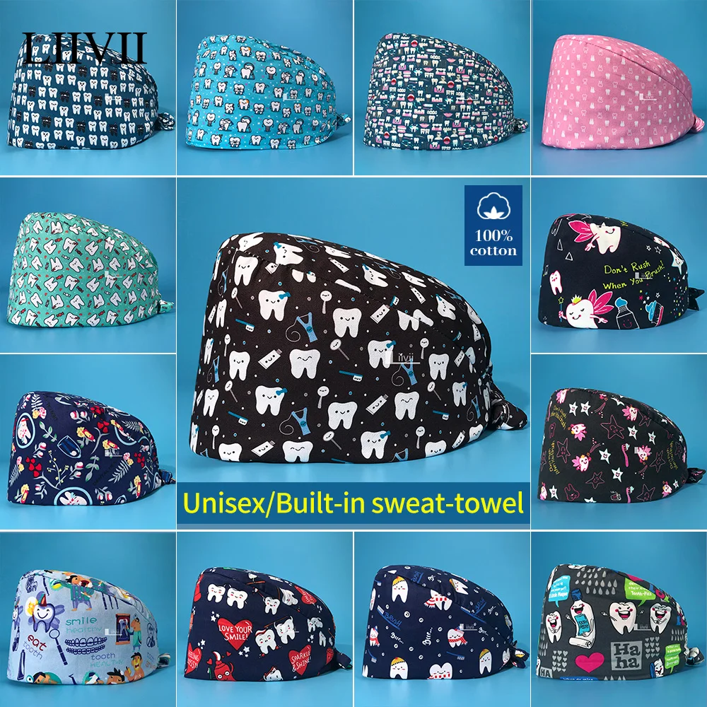 Unisex Pet Clinic Hats High Quality Tooth Print Dental Clinic Scrub Cap Breathable Medical Work Cap Cotton Nursing Hat