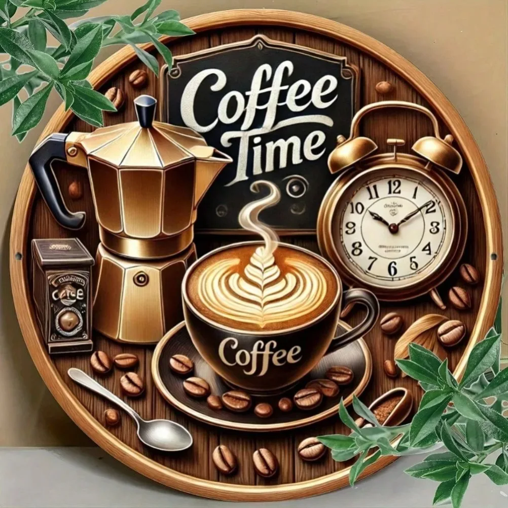 1 Stück „Coffee Time“ 2D rundes Metallwandschild (7,87 x 7,87 Zoll/20 x 20 cm) – Metallkunst für Bar/Fitnessstudio/Handwerker, Werkstatt/Zuhause