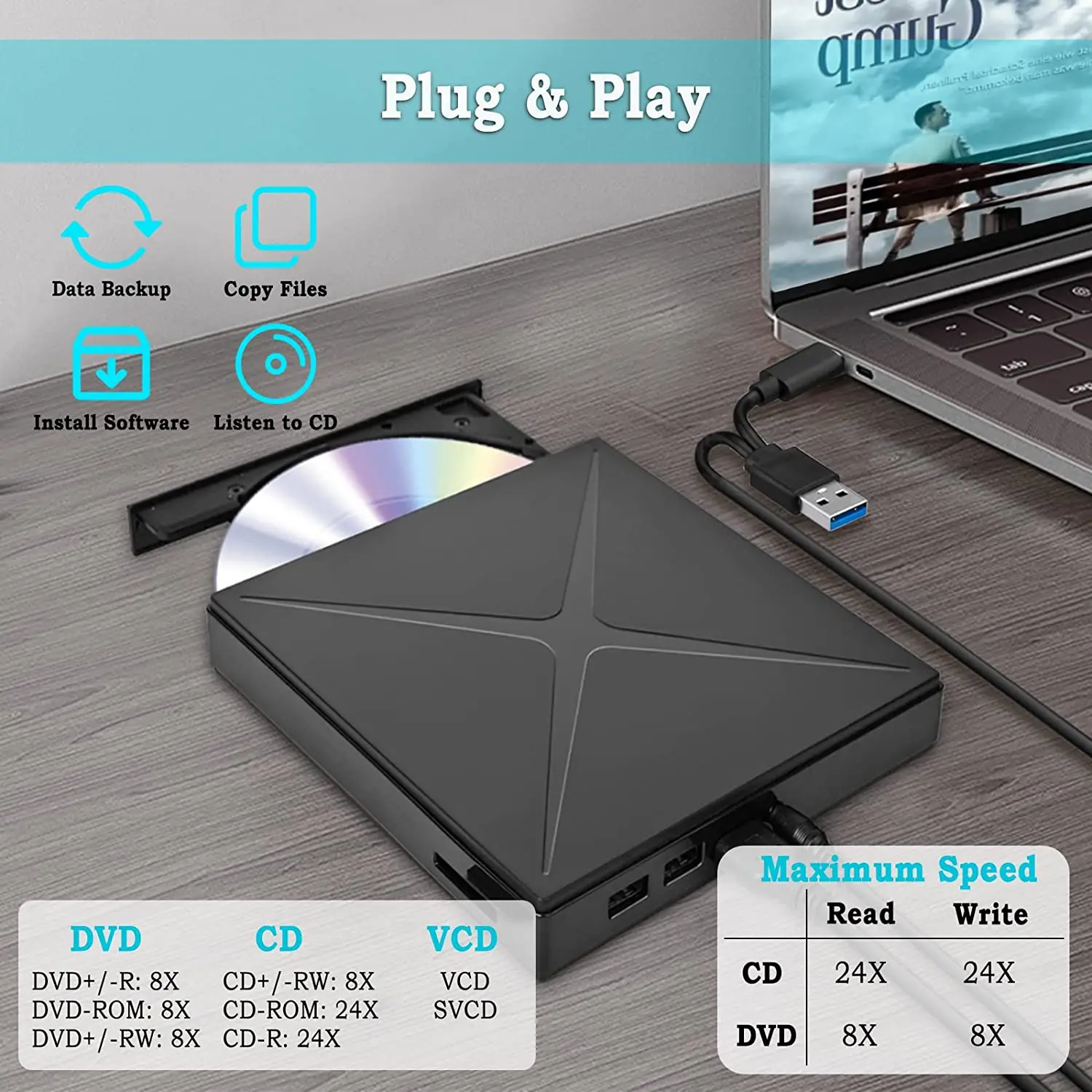 Óptica Externa com Porta Usb cd Portátil Dvd Mais rw Drive Dvd Player para Laptop cd Rom Burner tf e Slots de Cartão sd Usb 3.0 Unidade - Imagem 3
