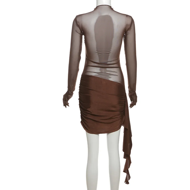 Mesh Hollow Out Sexy Mini Dress For Women See-Through High Waist Pleated Slim Bandage Gown Dress Female Y2k Mini Dress New