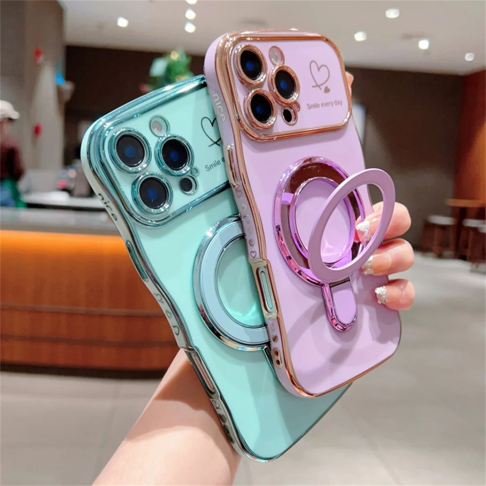 Wave Curly Magnetic Phone Case with Ring Stand – Plating Soft Silicone Cover