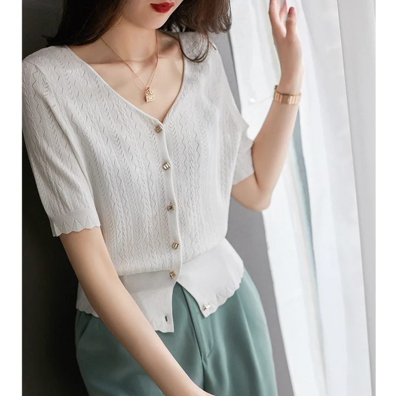 

ice Summer knit cardigan women 2023 new hollowed-out jacket thin sunscreen air conditioner shirt loose cotton thread top