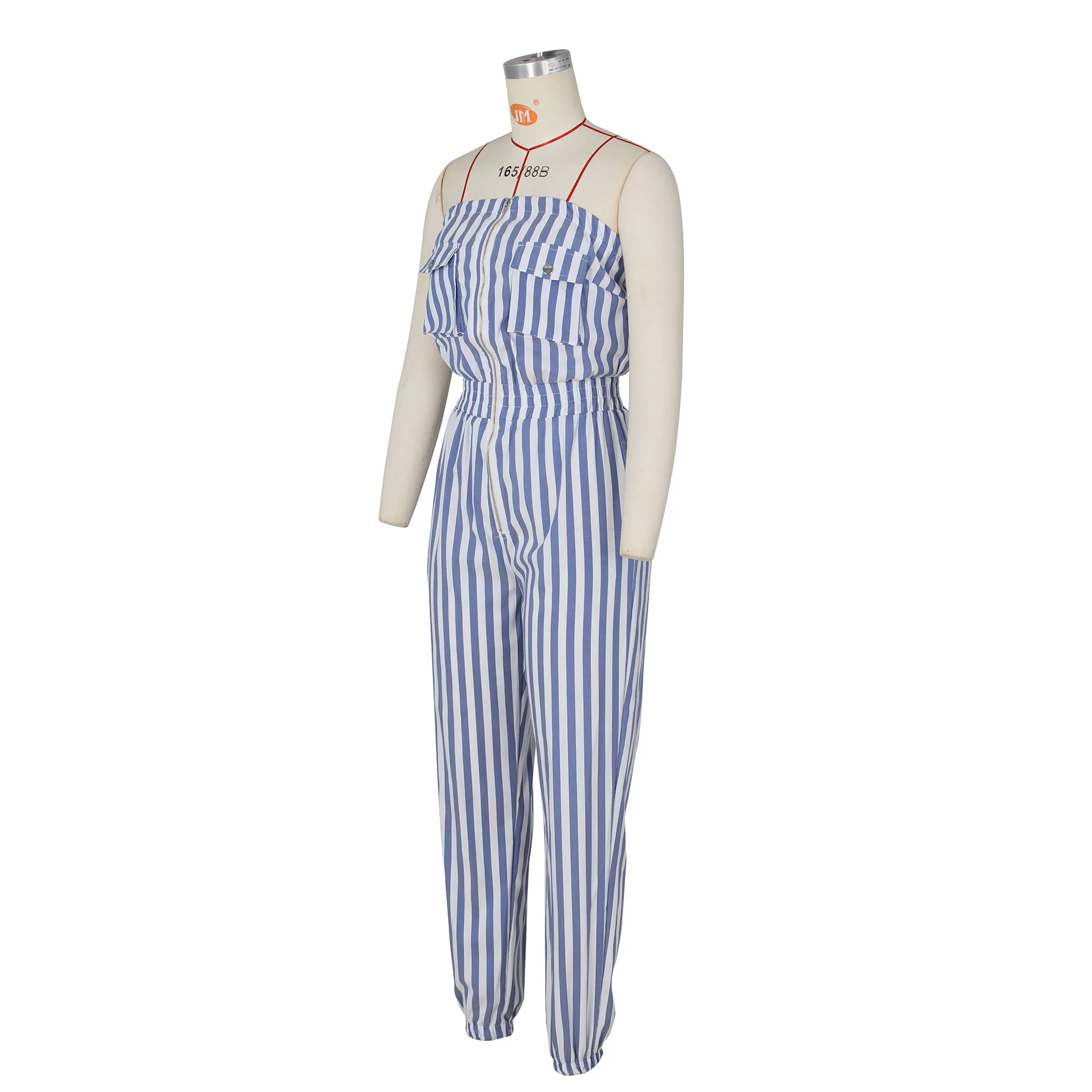 Fashion Women's Fallow Blue Striped Thin Jumpsuit Spring And Summer Pocket Decoration Splicing Jumpsuit Elegant Style
