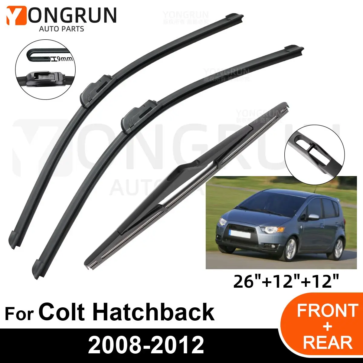 

3PCS Car Wiper for Mitsubishi Colt Hatchback MK6 5 Doors 2008-2012 Front Rear Windshield Windscreen Wiper Blade Rubber