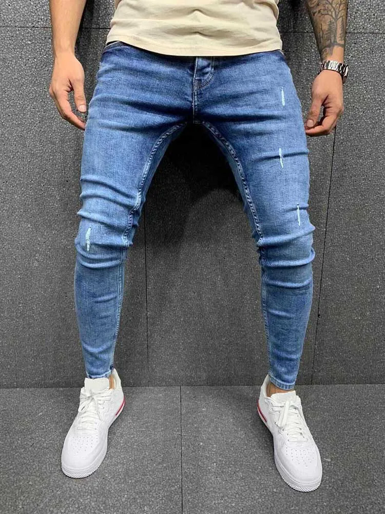 Men Cotton Stretchy Leisure Time Jeans Ripped Skinny Youth Jeans High Quality Hip Hop Slim Fit Denim Pants Blue