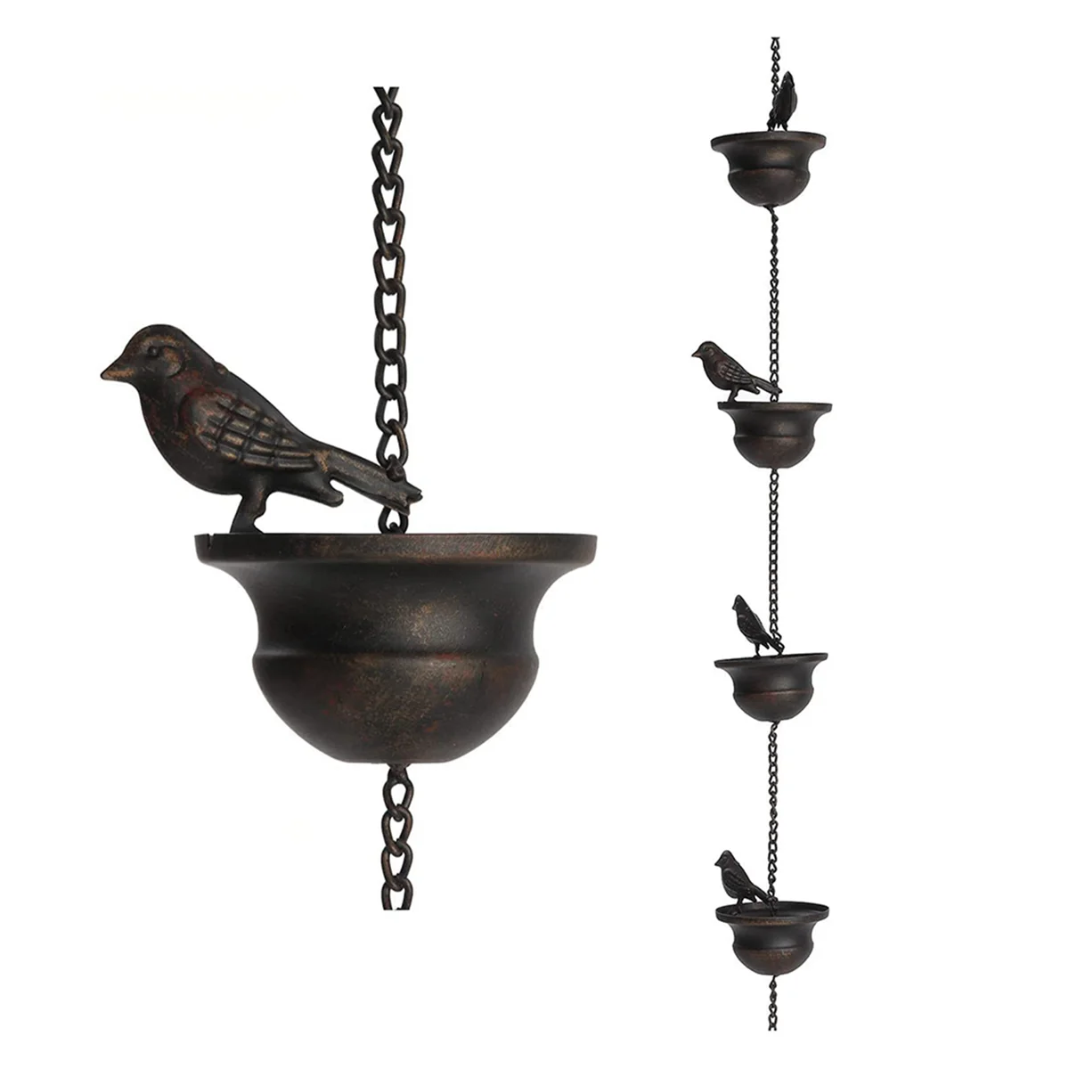 Rain Chains for Gutters Mobile Birds on Cups Rain Chimes 7.8Ft Chimes with Attached Hanger and Birds