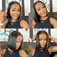 Perruque Lace Front Wig synthétique lisse Bob courte, couleur noire naturelle, 13x4x1, naissance des cheveux pre-plucked, cheveux de bébé, Cosplay, pour femmes noires 5