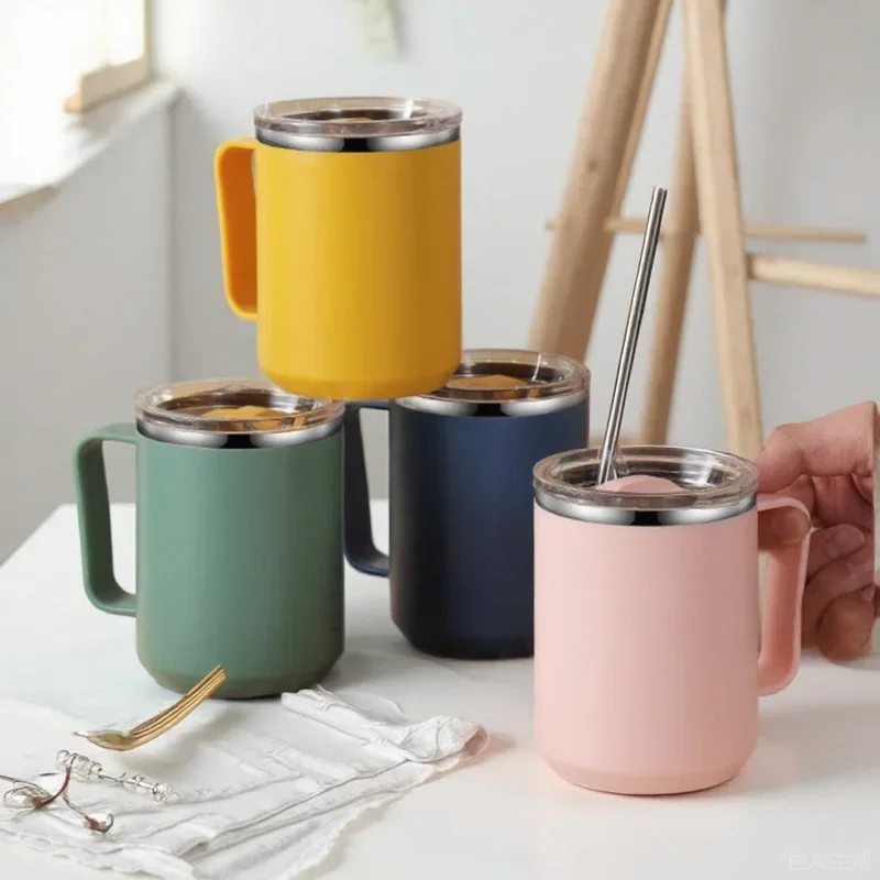Stainless Steel Insulated Travel Mug with Handle and Lid - 450ml Double-Wall Vacuum Cup for Hot and Cold Beverages