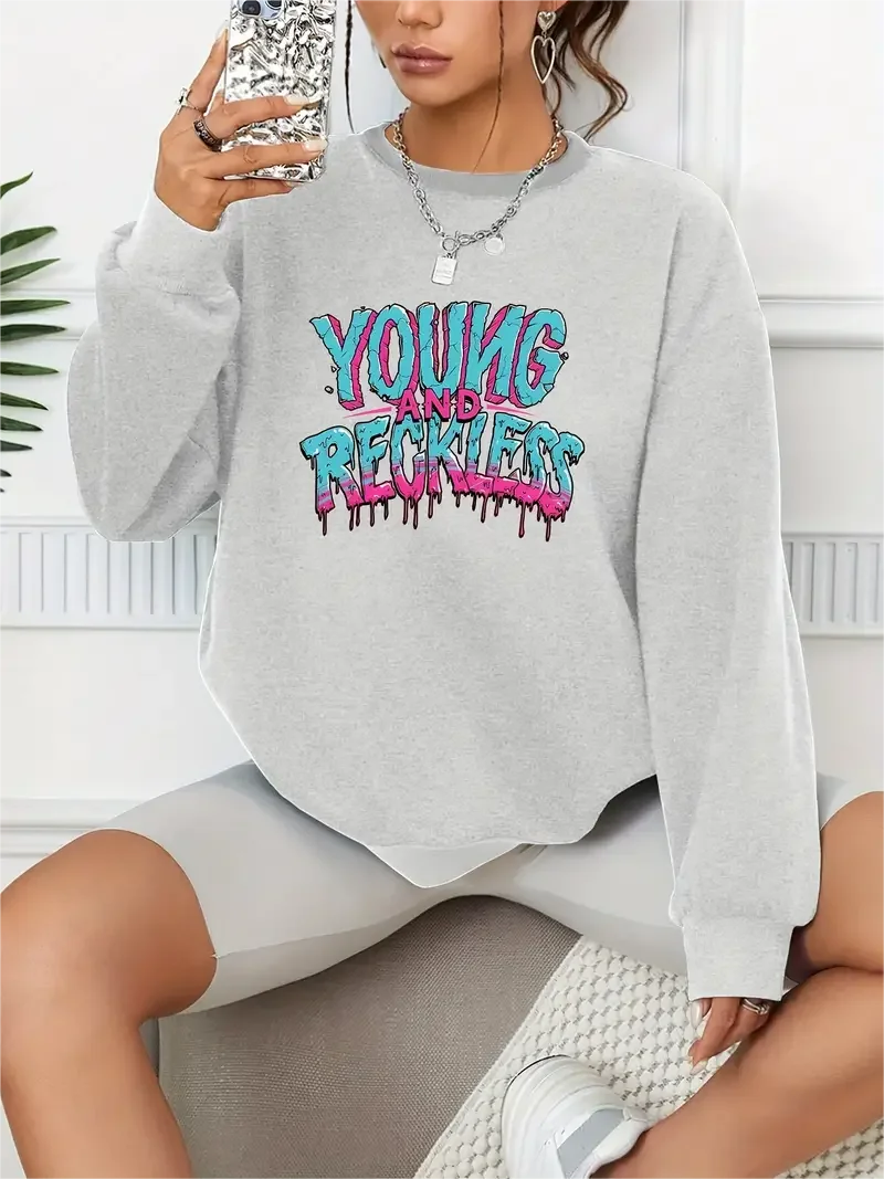 Young & Reckless Print Pullover Casual Loose Fashion Long-Sleeved Sweatshirt Solid Color Women's Clothin рок usm polydor us adams bryan reckless