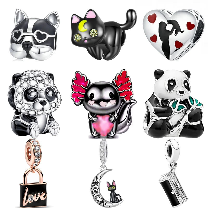 

2023 New Black Panda Cat Dog Dinosaur Padlock Pendant Love Beads Fit Original Pandora Charms Silver Color Bracelet Women Jewelry