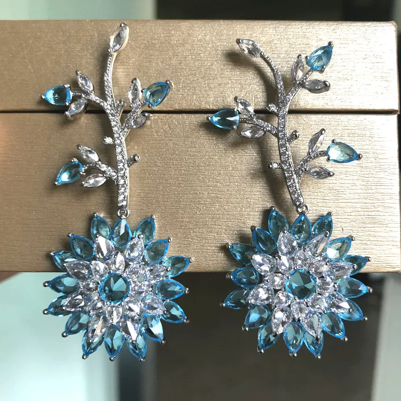 

Bilincolor Long BLue Flower Earring for Women Summer Jewelry