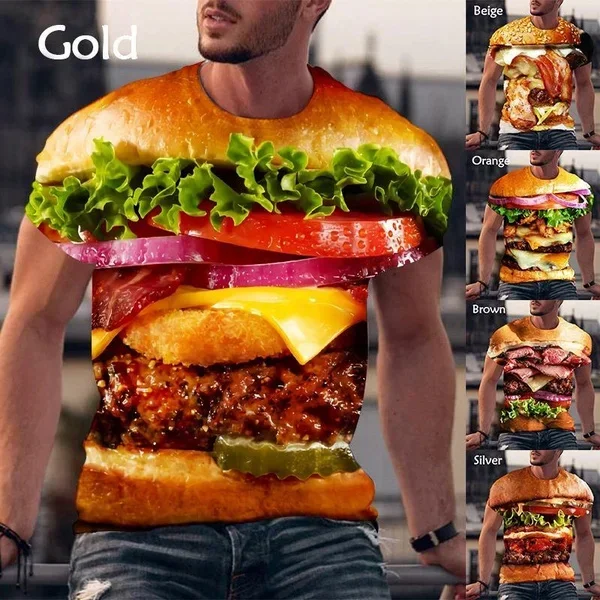 

Fashion Men's Round Neck Summer Short Sleeve Tops Burger Pizza Fries 3D Printing T-shirt