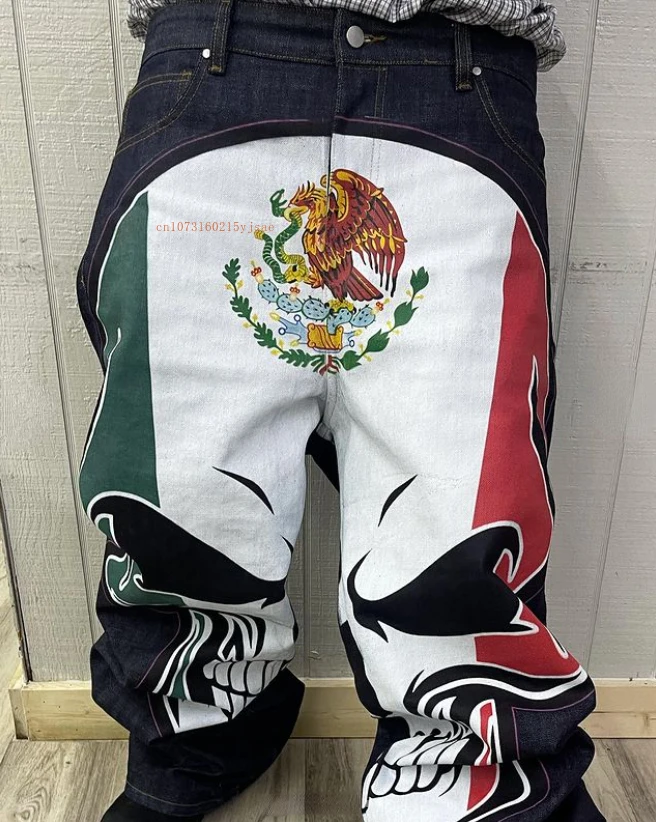 Tide Y2k Jeans Men Women Skull Elements Personalized Straight Pants American Street Style Ins Loose Casual Blue Denim Pants