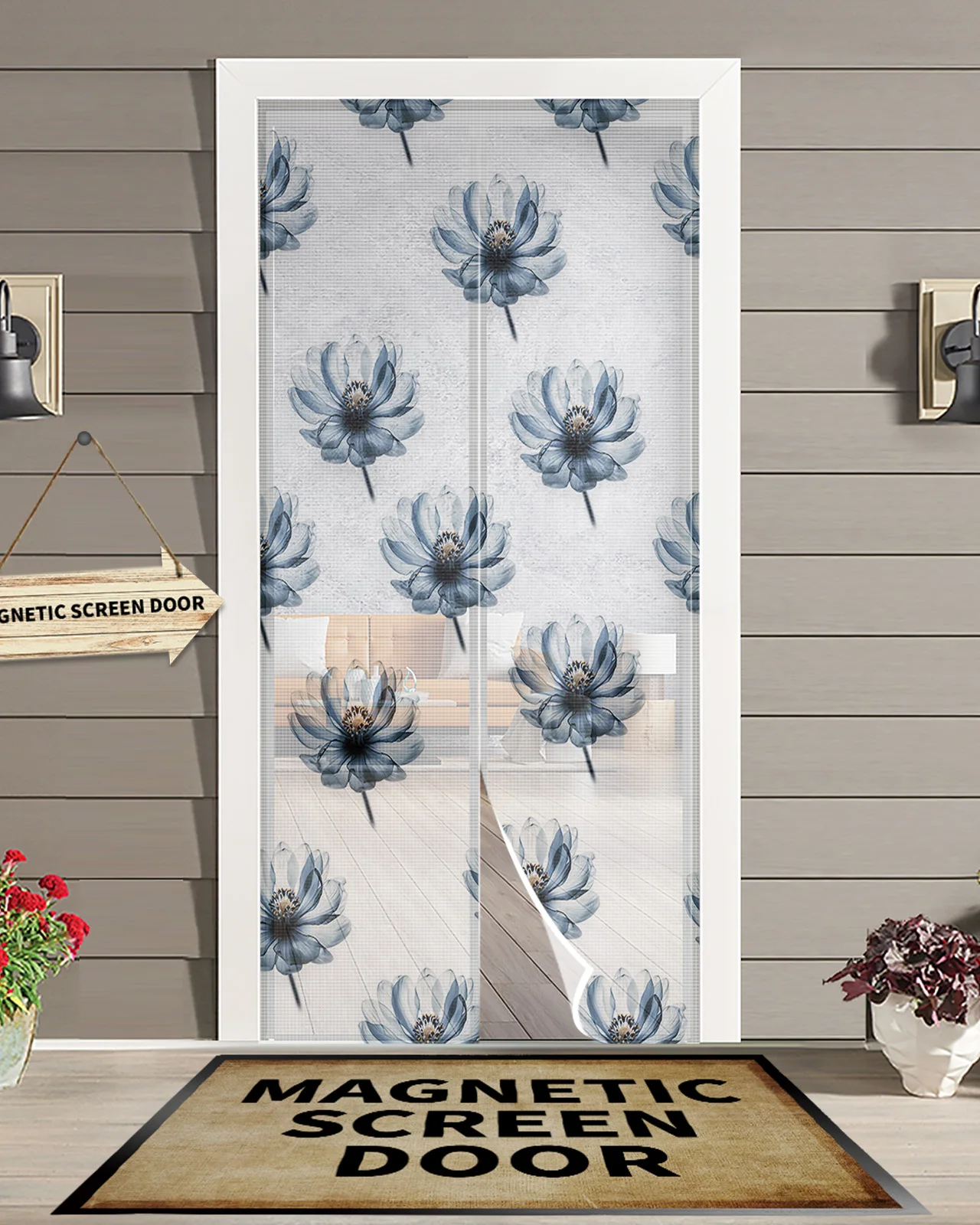 

Blue Flowers Magnetic Door Curtain Living Room Bedroom Home Anti-mosquito Screen Door Curtain