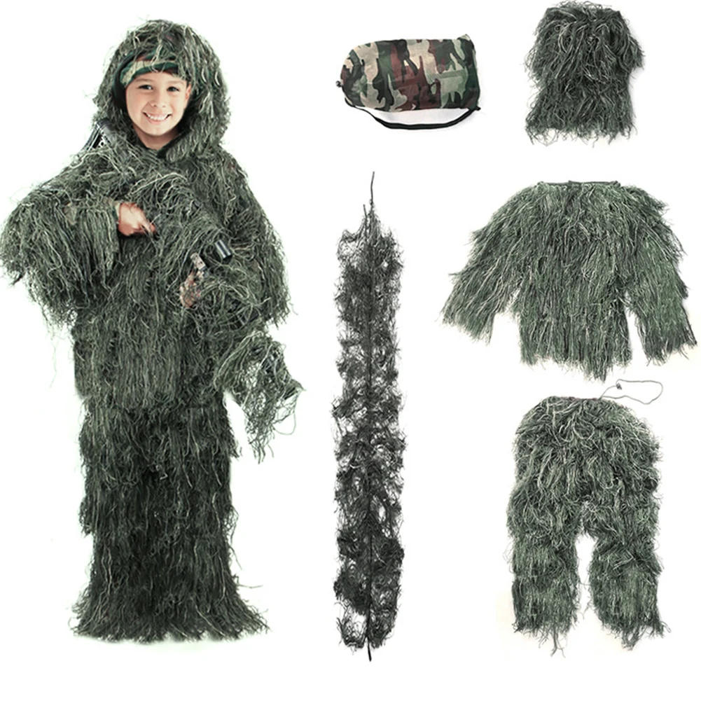 5Pcs/Set Woodland Hunter Ghillie Suit with Jacket Pants Hood Carry Bag Paintball Ghillie Suit Camo for Men Woman