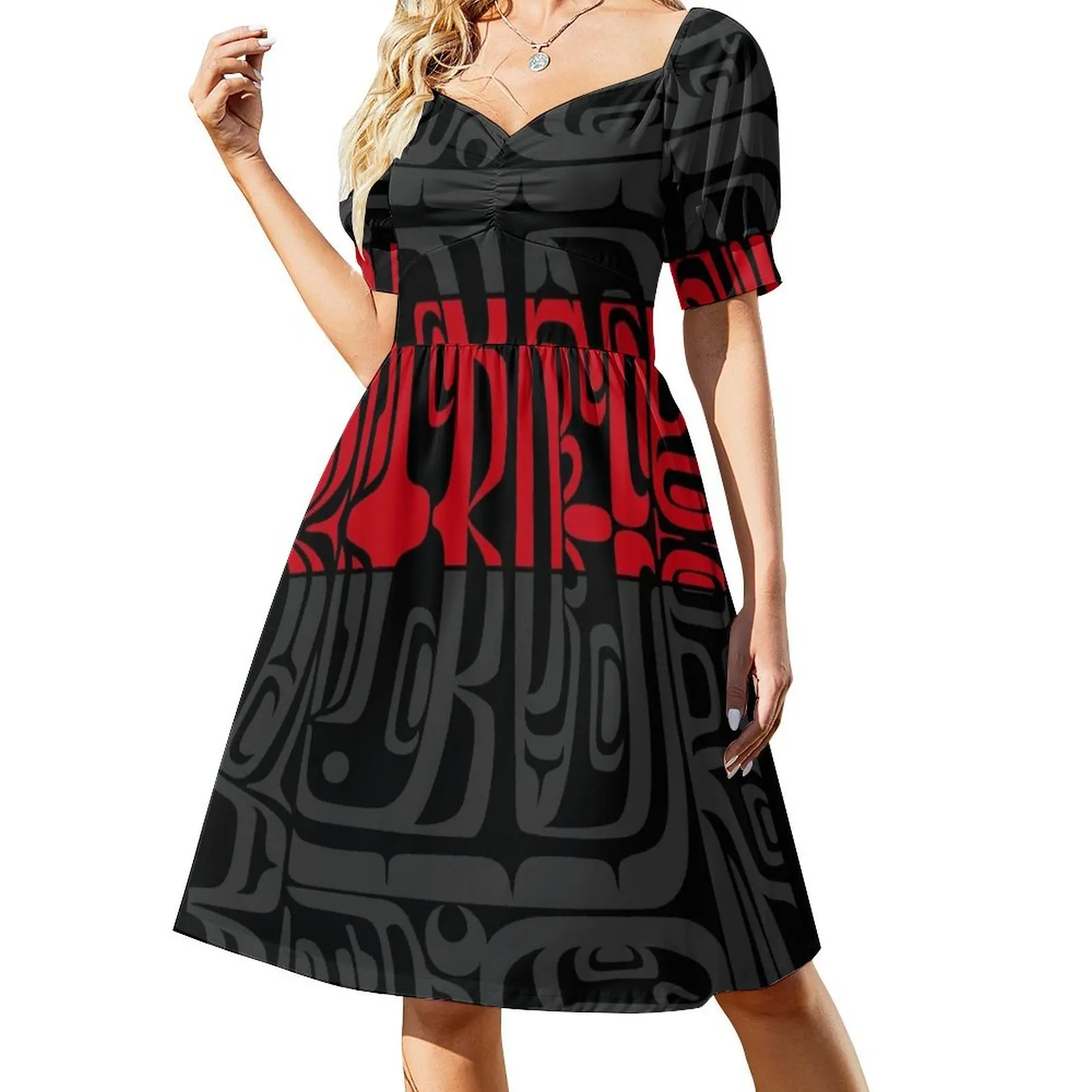 thumbnail image 1 of Vestido elegante de manga corta en color rojo, negro y gris de Bentwood Box para mujer, verano ., 1 of 7