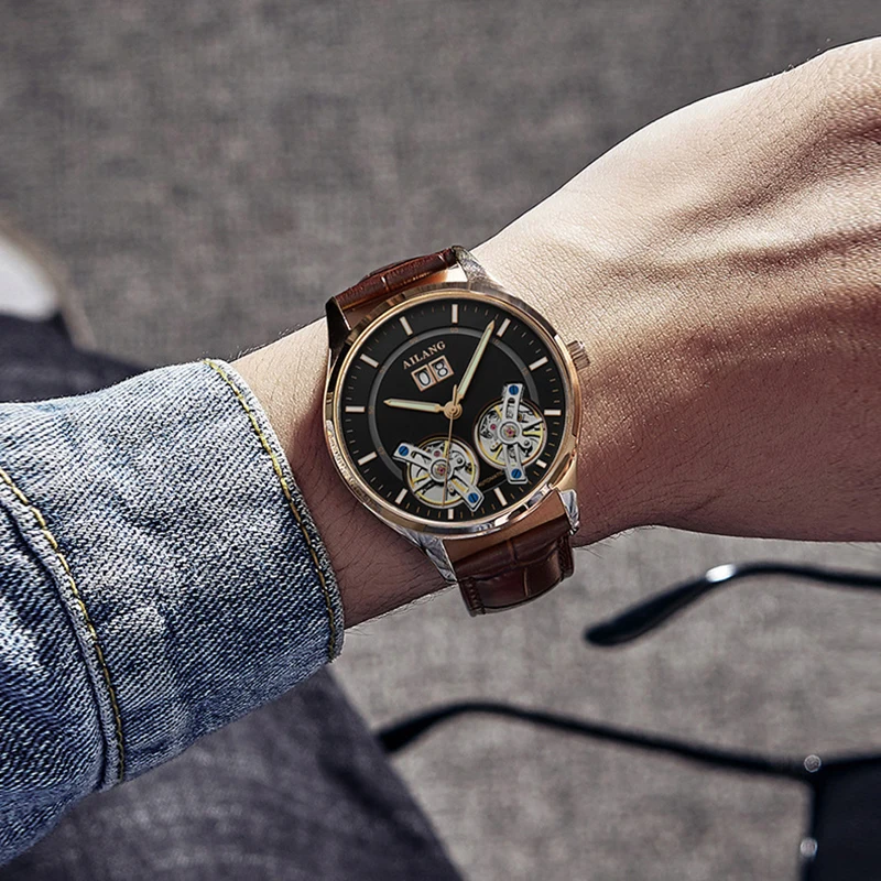 AILANG Top Brand Luxury Fashion Mechanical  Watches Simple Men's Steampunk Waterproof Leather Double Tourbillon Automatic Watch