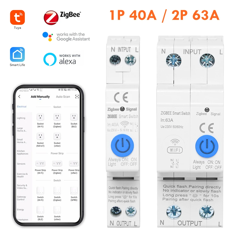 Disjoncteur Intelligent WiFi 1P 10A - Compatible Appli Tuya, Minuterie, Télécommande - Pour Automatiser L'éclairage, Prises (100-230V)
