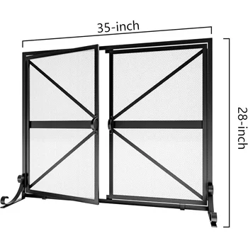 Fireplace Screen with Doors, 2-Pannel Handcrafted Solid Wrought Iron Decorative Mesh,Baby Safe Proof Firewood Burning 2