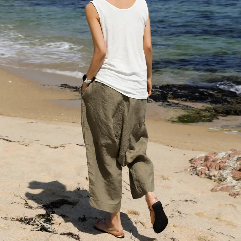 Chic Women Summer Linen Cotton Casual Vintage Wide-leg Pants New Fashion Elastic Wais Pocket Loose Ankle-length Pantalons 3