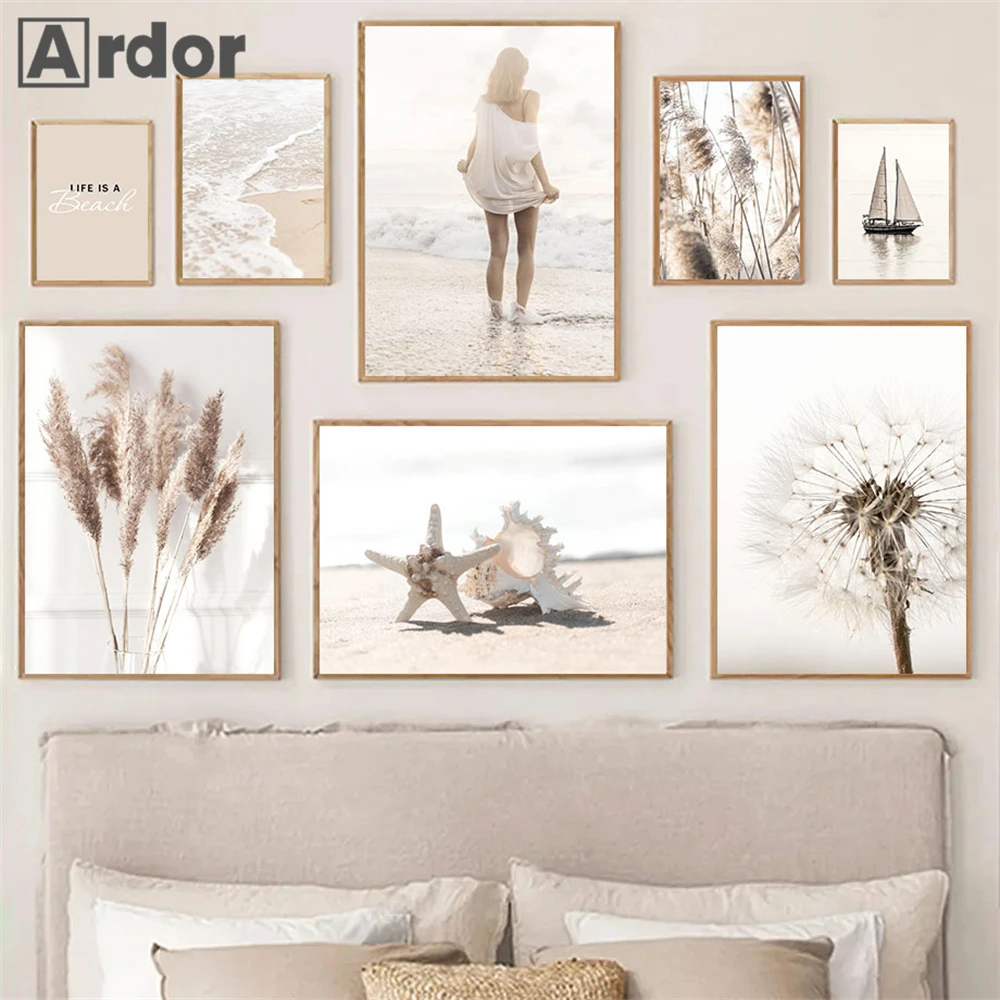 

Sea Wave Beige Beach Posters Reed Canvas Print Girl Starfish Poster Dandelion Wall Art Painting Nordic Wall Pictures Home Decor