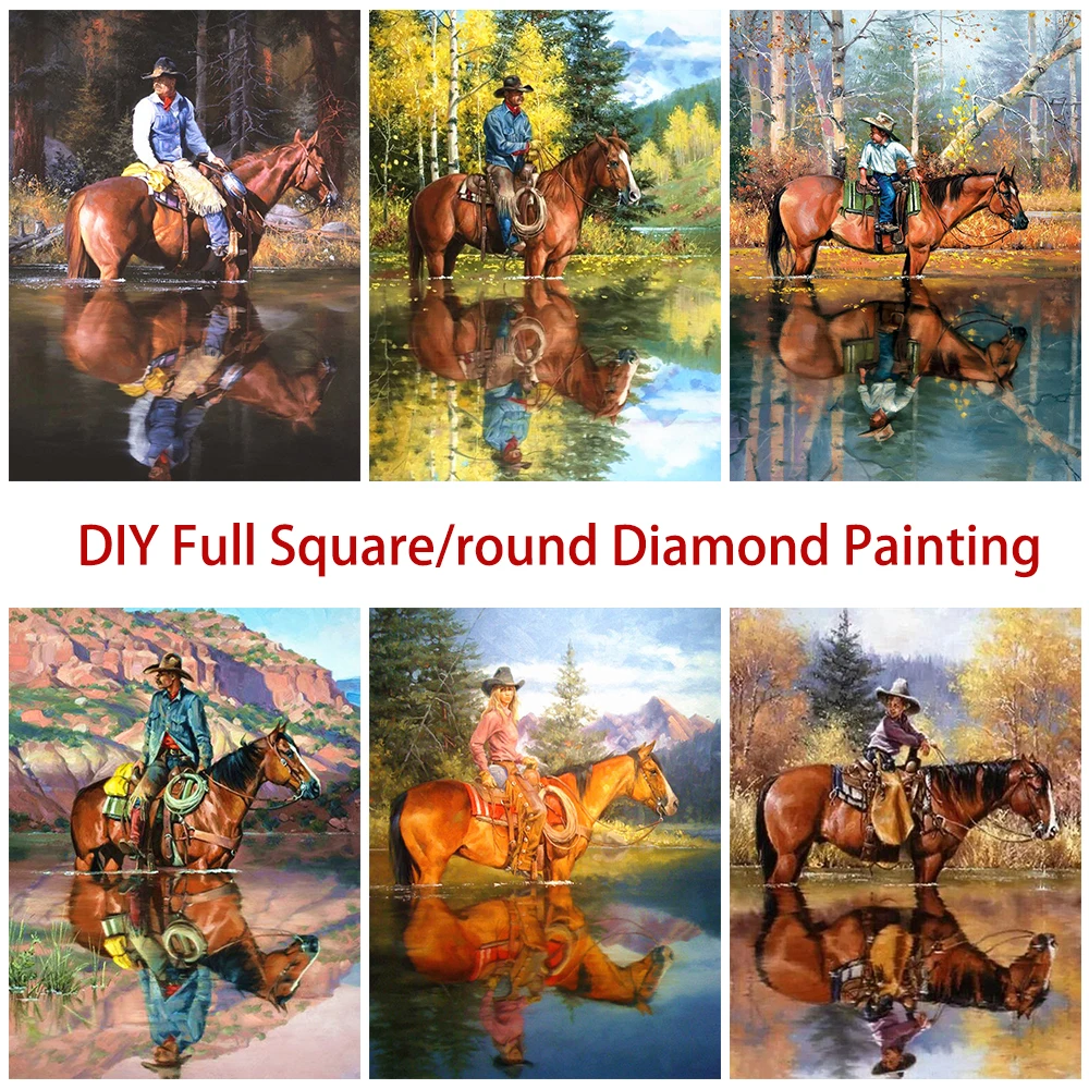 5D Handmade Diamond Painting Cowboy and Horse Picture Full Square Round Diamond Number of Mosaic Embroidery Home Wall Decor Gift