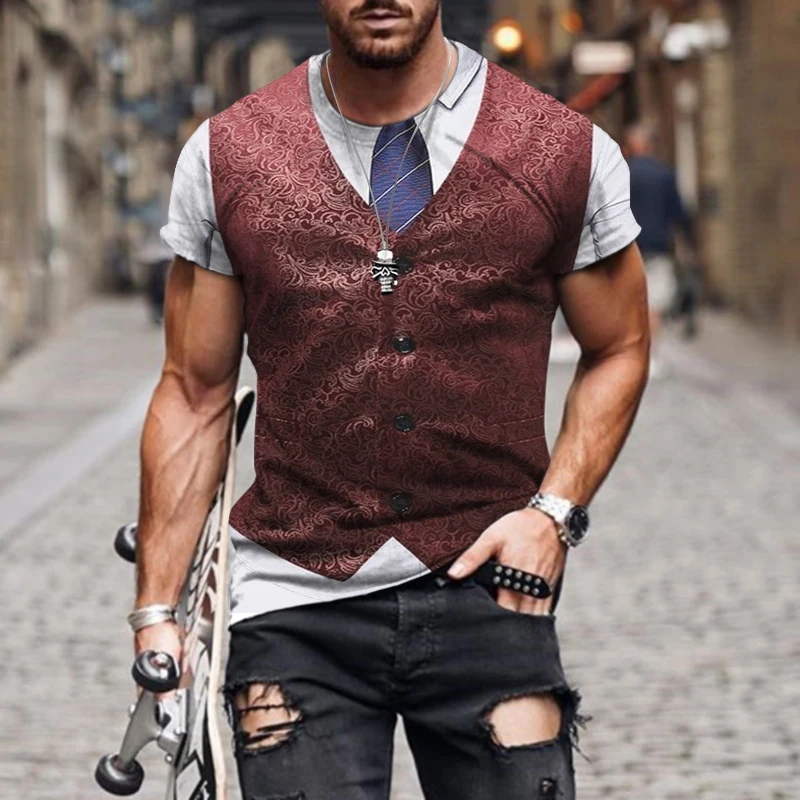Men Casual Street Sports Short T-Shirt Fake Suit Vest Retro Style 3D Printing Summer round top Tees - AliExpress