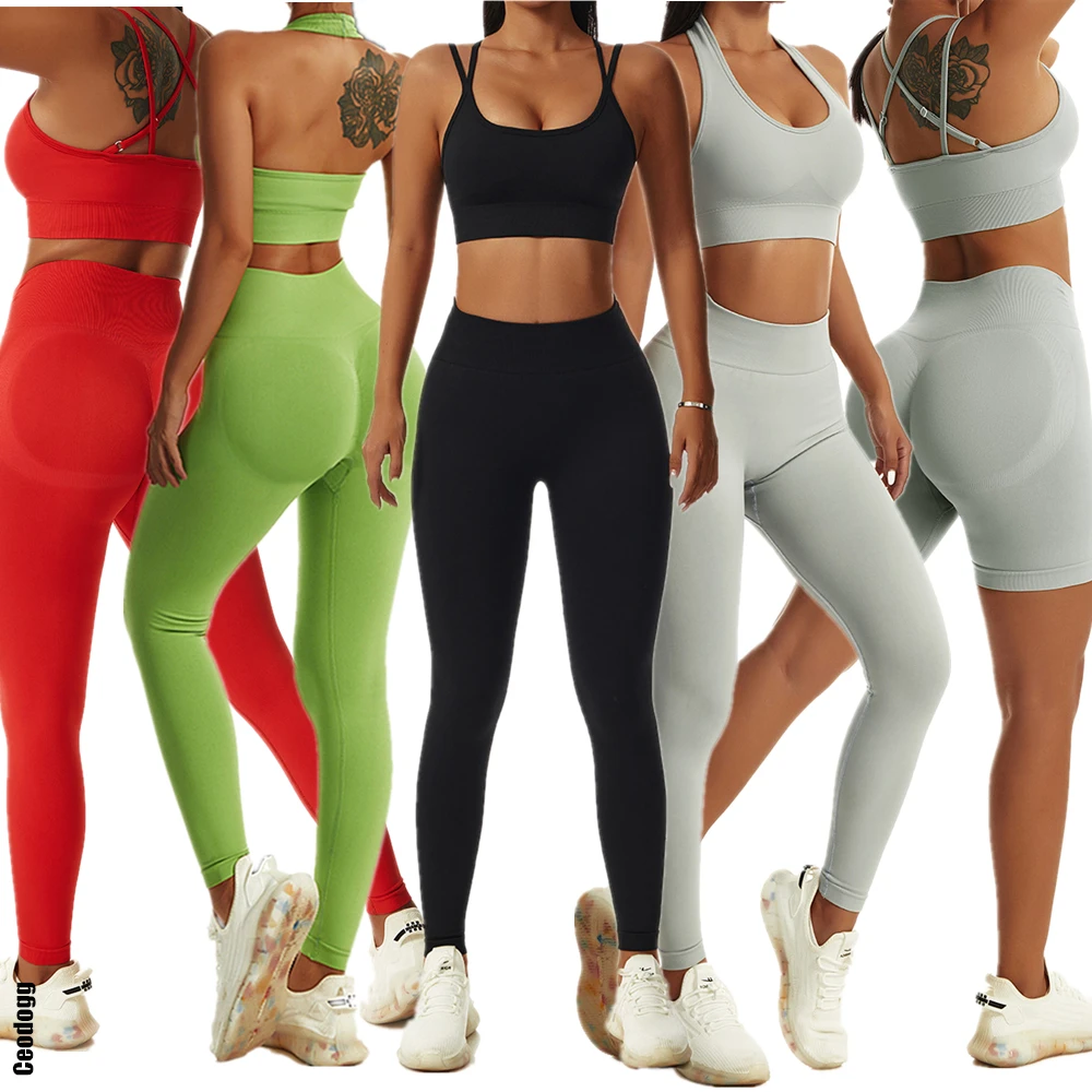 1/2PCS Gym Streamline Women Yoga Sets Workout Legging Halter Sports Bra High Waist Scrunch Shorts Outfits Active Fitness Suits