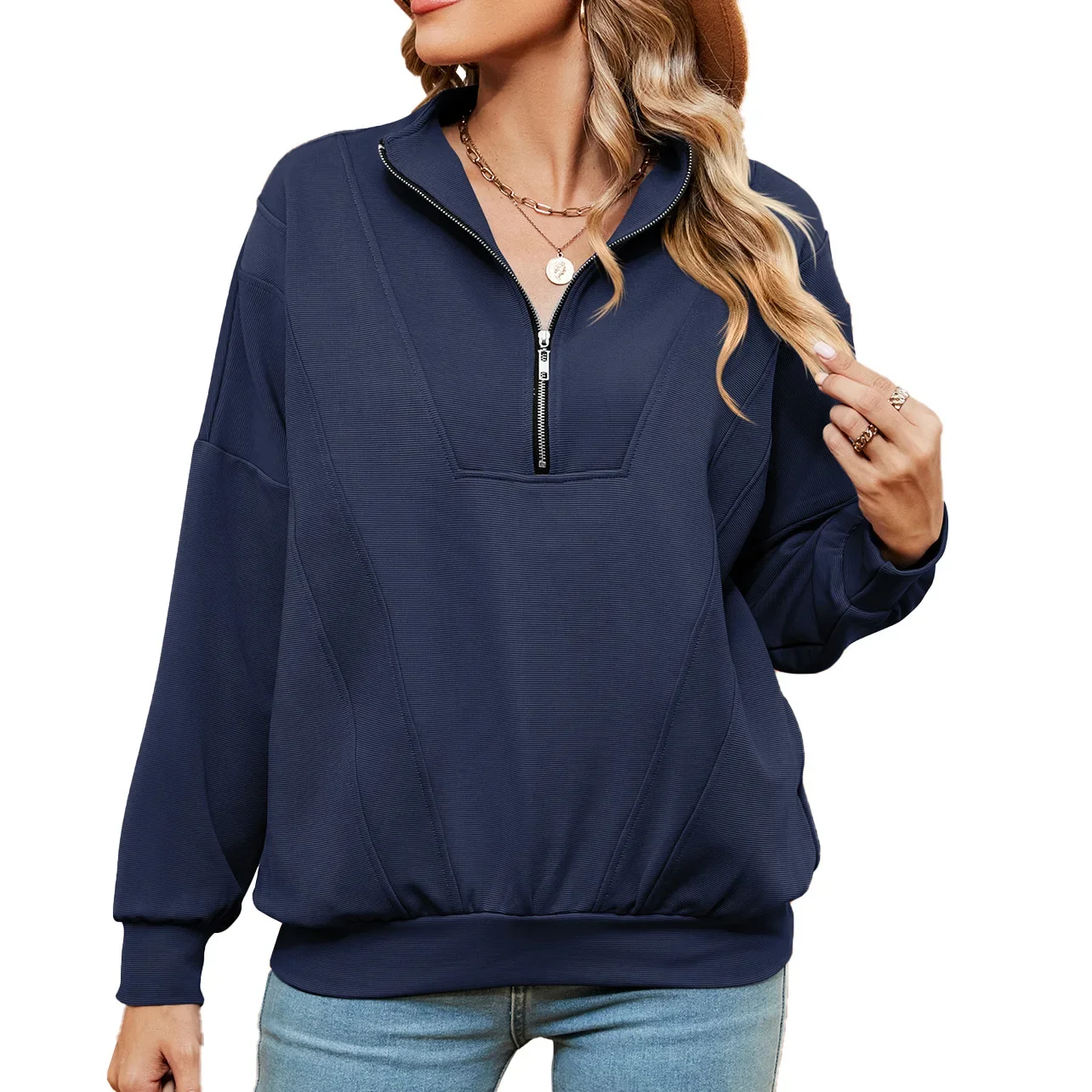 Autumn and Winter New Solid Color Zipper Long Sleeve Loose Pullover Sweater Coat for Women