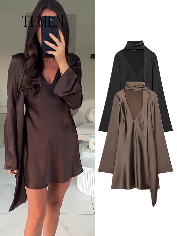 Elegant Women Causal Scarf Collar Dresses 2026 Spring Summer Long Sleeve Chic Date Night Mini Dress Retro Slim Party Dress