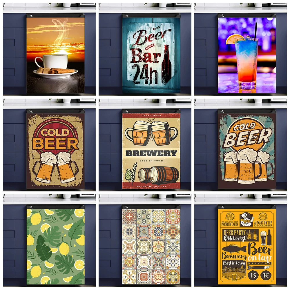 Beer Poster Sticker Retro Beer Poster Dishwasher Sticker Mural Decals Waterproof Vinyl Kitchen Decorative Beer Print Dish Washer Door Panel Decals wall stickers self adhesive stickers kitchen wall sticker
