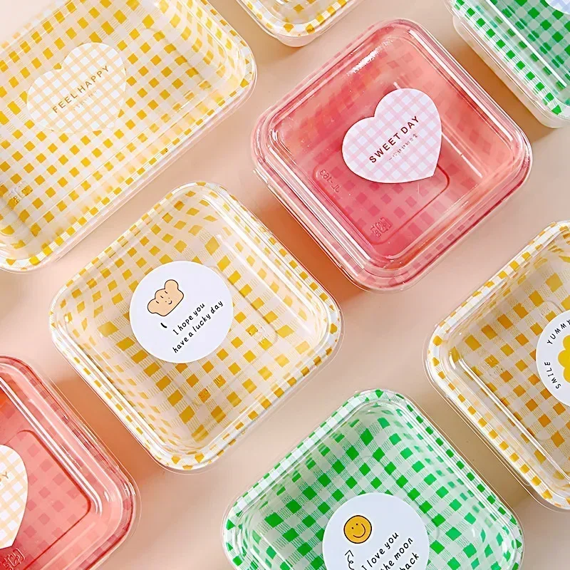 10Pcs INS Small Fresh Color Plaid Disposable Lid Bento Box Girls Picnic Sandwich Cake Fruit Packing Box Stall Food Containers